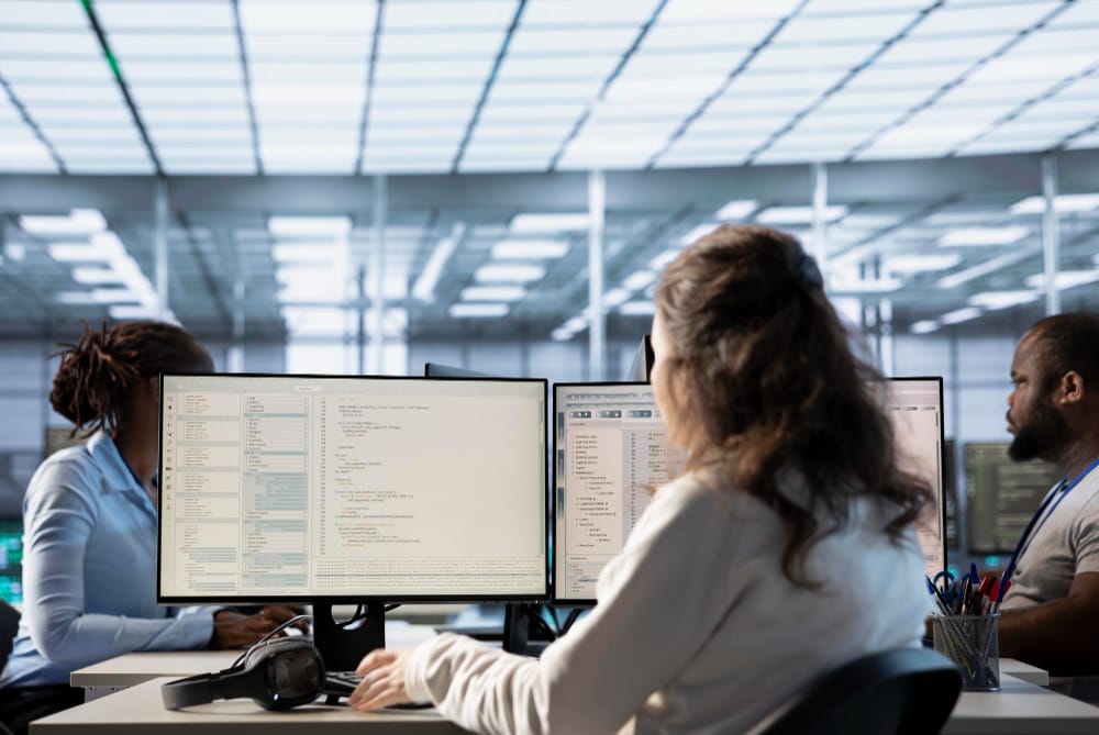 IT-professionals werken aan Business Central ERP-implementatie op kantoor