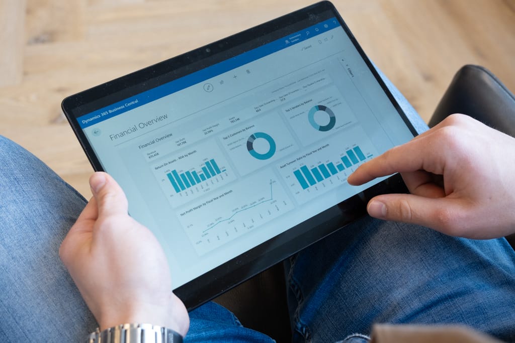 Handen houden tablet met Business Central dashboard en grafieken