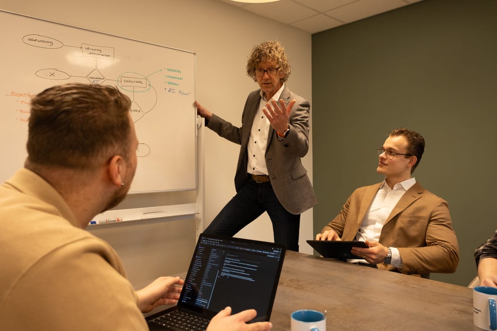 Drie teamleden in discussie bij whiteboard met ERP-diagram